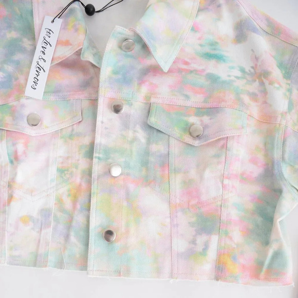 For Love  & Lemons Delphine Tie-Dye Print Cropped Denim Button Up Jacket L NWT - Picture 6 of 13